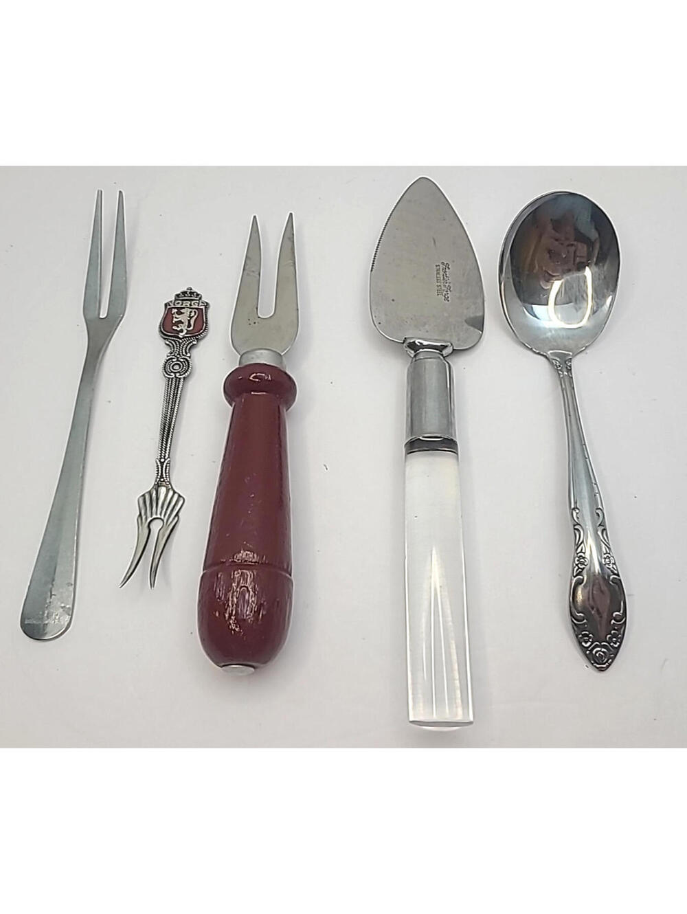 Lot Of 5 Various Vintage Cheese Knives And Cocktail Forks, Small Spoon